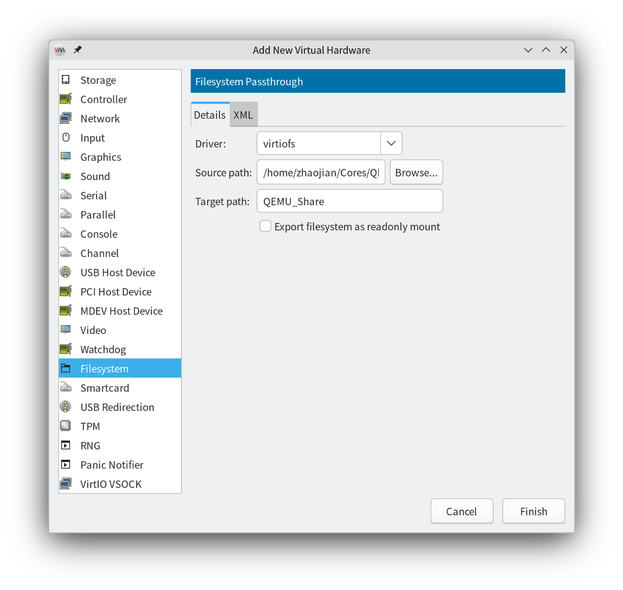 virt-manager 设置文件系统