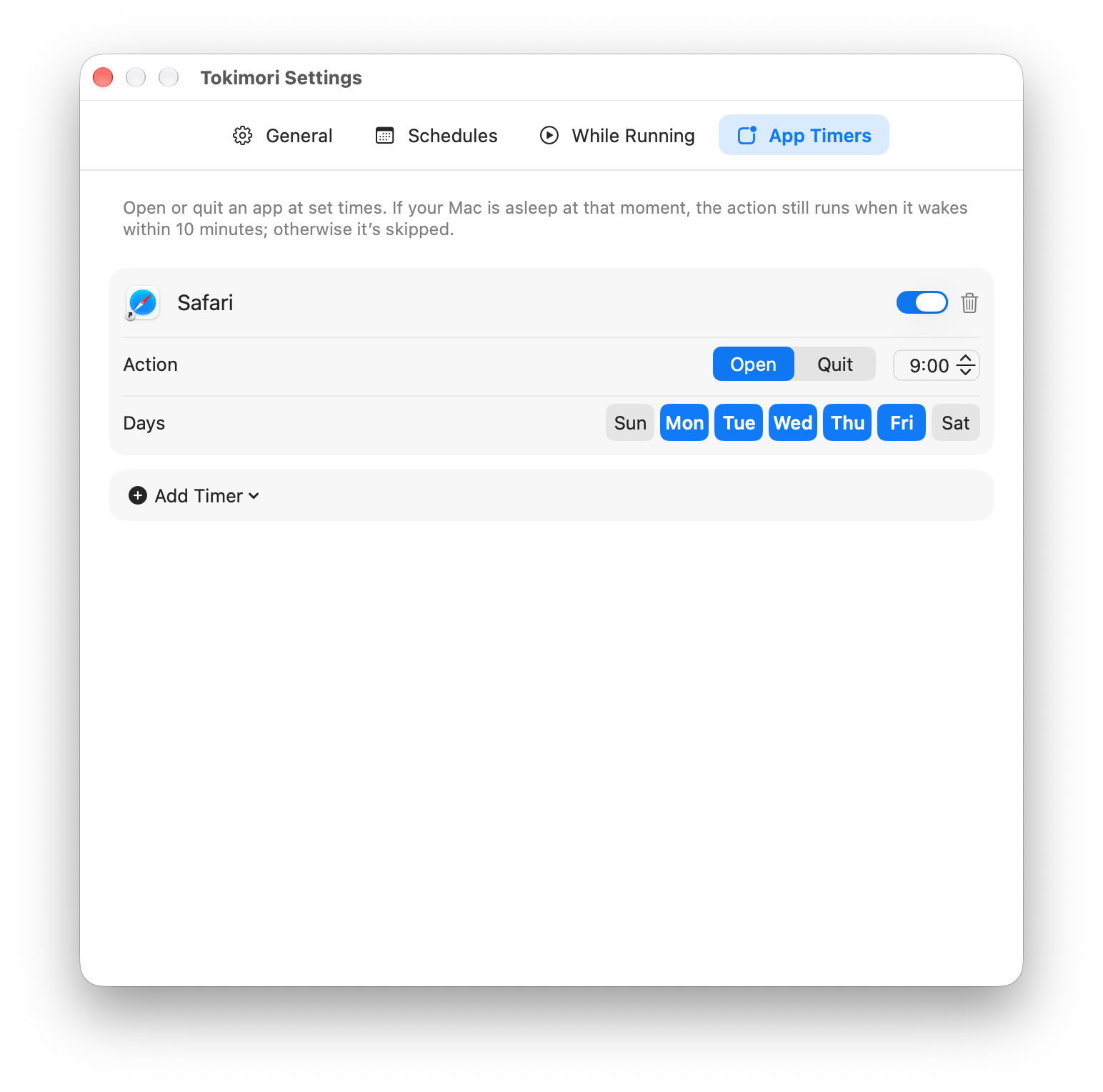 Tokimori App 定时器设置:工作日 9:00 打开 Safari